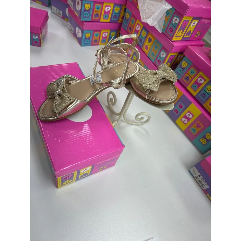 Pampili Girls Gold Metallic Glitter Bow Rhinestone Ankle Strap Dress Sandals